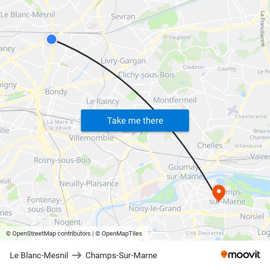 Le Blanc-Mesnil to Champs-Sur-Marne map