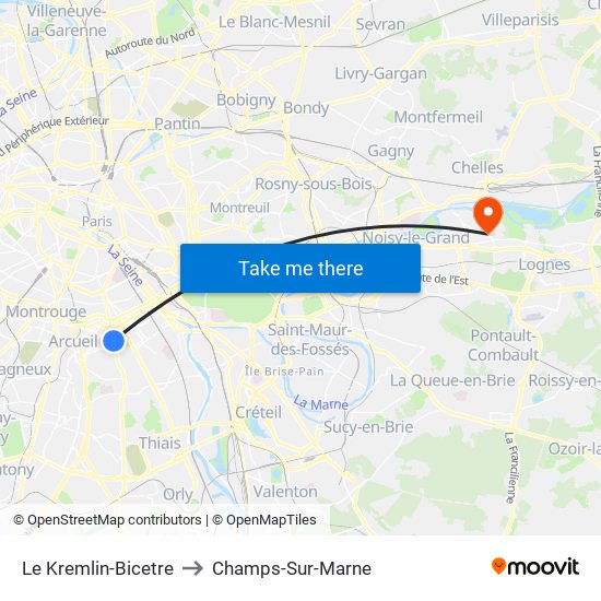 Le Kremlin-Bicetre to Champs-Sur-Marne map