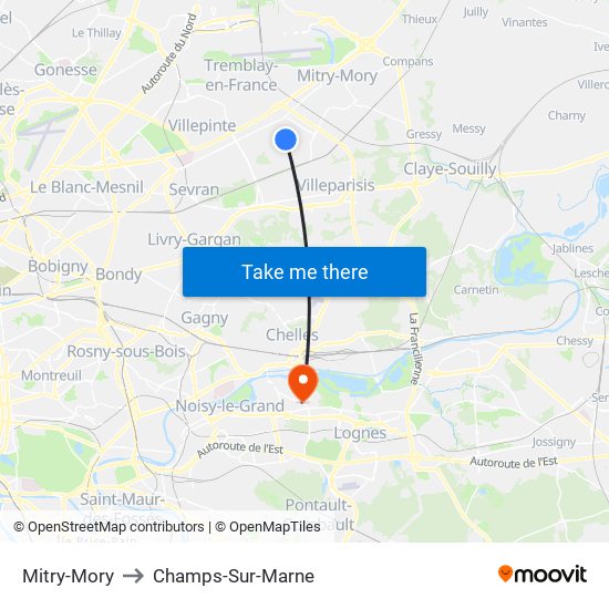 Mitry-Mory to Champs-Sur-Marne map