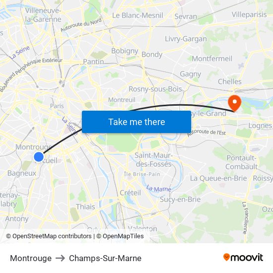 Montrouge to Champs-Sur-Marne map