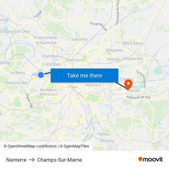Nanterre to Champs-Sur-Marne map