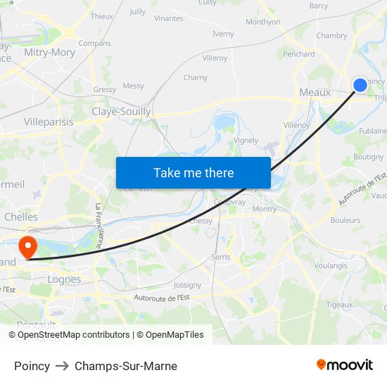 Poincy to Champs-Sur-Marne map