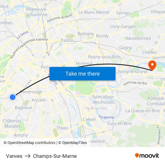 Vanves to Champs-Sur-Marne map