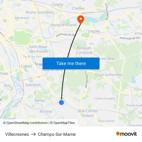 Villecresnes to Champs-Sur-Marne map