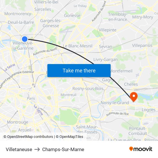 Villetaneuse to Champs-Sur-Marne map