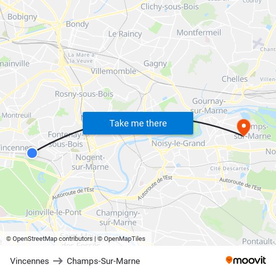 Vincennes to Champs-Sur-Marne map
