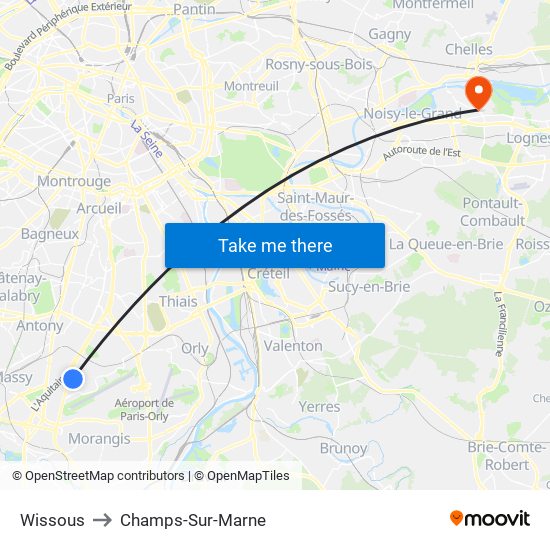 Wissous to Champs-Sur-Marne map