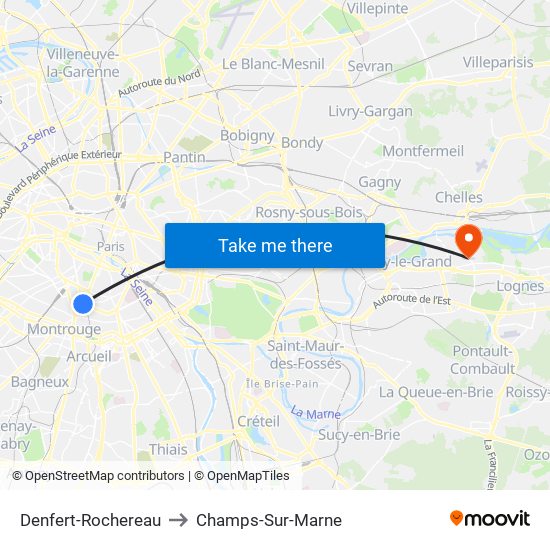 Denfert-Rochereau to Champs-Sur-Marne map