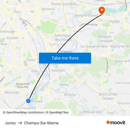 Juvisy to Champs-Sur-Marne map