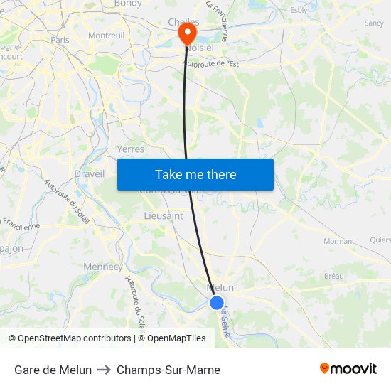 Gare de Melun to Champs-Sur-Marne map