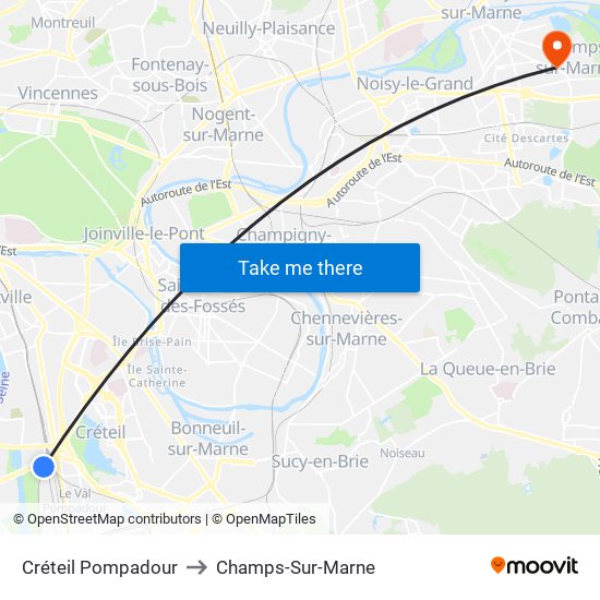 Créteil Pompadour to Champs-Sur-Marne map
