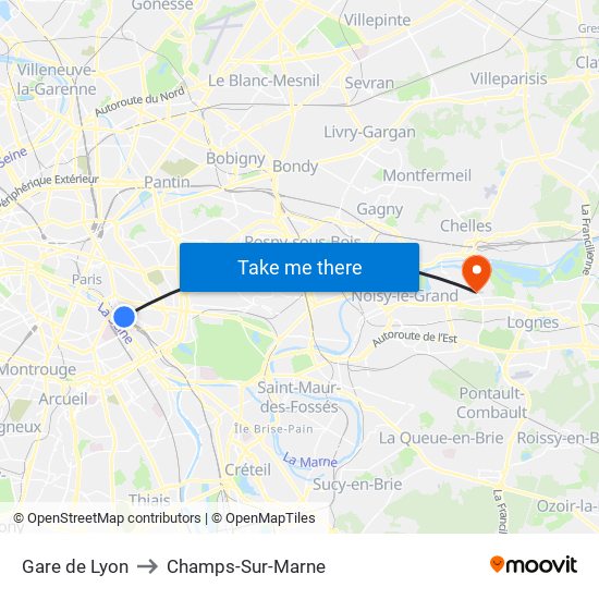 Gare de Lyon to Champs-Sur-Marne map
