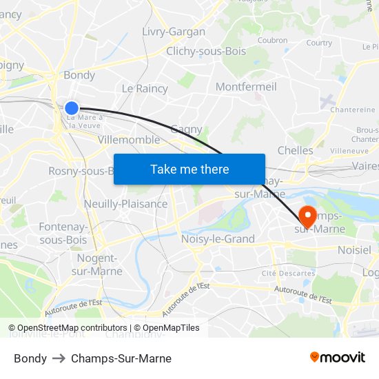 Bondy to Champs-Sur-Marne map