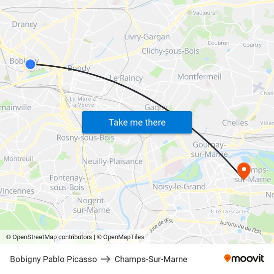 Bobigny Pablo Picasso to Champs-Sur-Marne map
