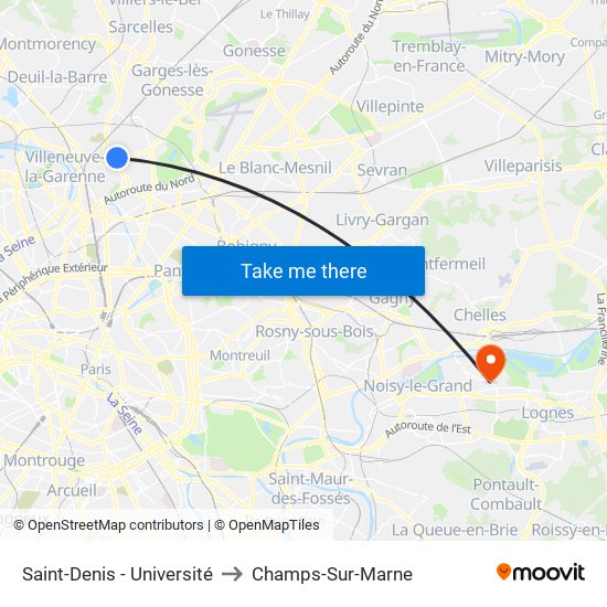 Saint-Denis - Université to Champs-Sur-Marne map