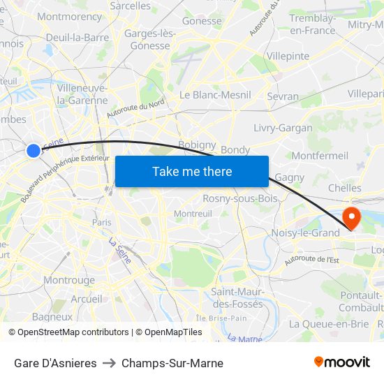 Gare D'Asnieres to Champs-Sur-Marne map