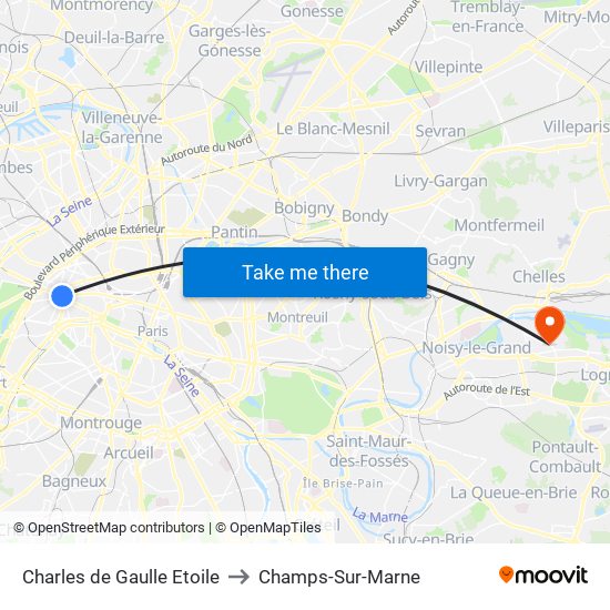 Charles de Gaulle Etoile to Champs-Sur-Marne map