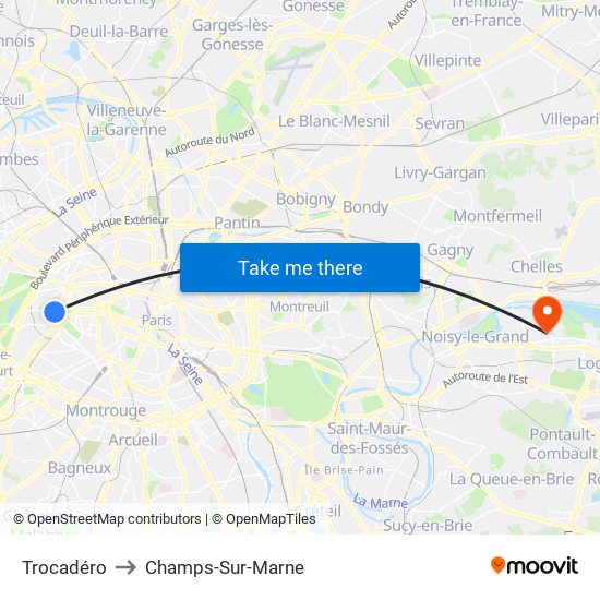Trocadéro to Champs-Sur-Marne map