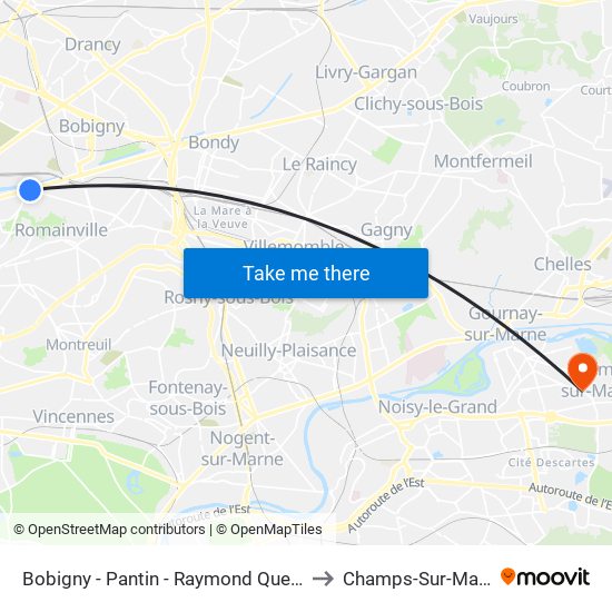 Bobigny - Pantin - Raymond Queneau to Champs-Sur-Marne map