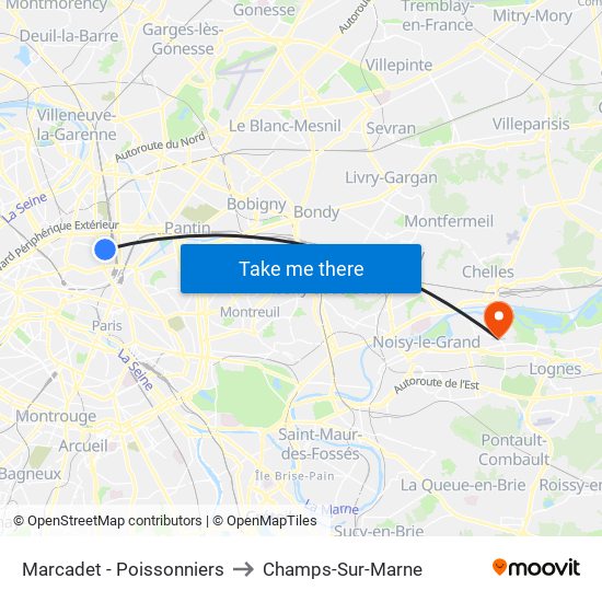 Marcadet - Poissonniers to Champs-Sur-Marne map
