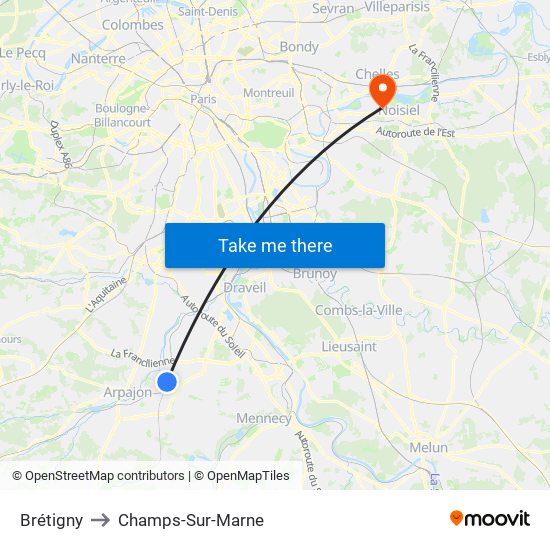 Brétigny to Champs-Sur-Marne map