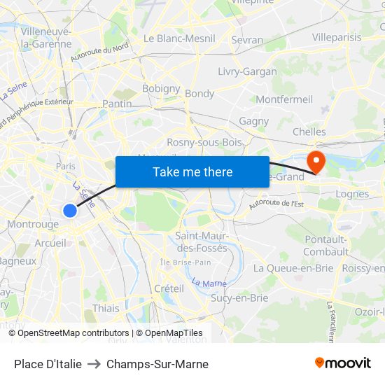 Place D'Italie to Champs-Sur-Marne map