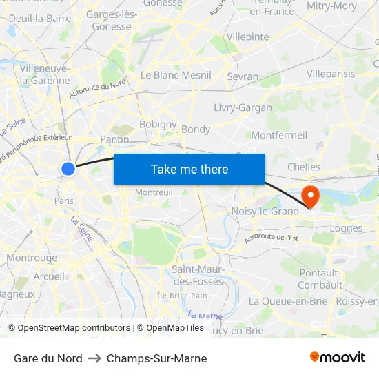 Gare du Nord to Champs-Sur-Marne map