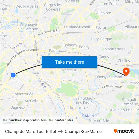 Champ de Mars Tour Eiffel to Champs-Sur-Marne map