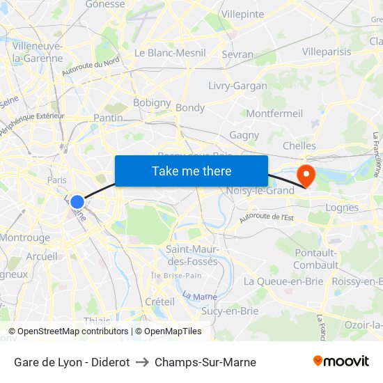 Gare de Lyon - Diderot to Champs-Sur-Marne map