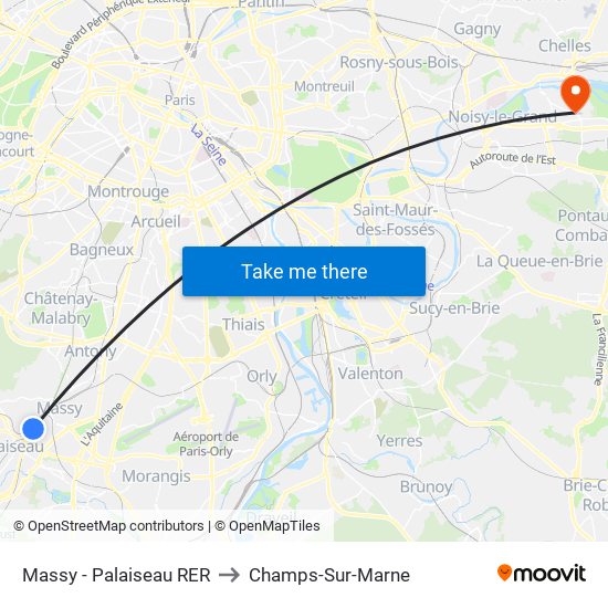 Massy - Palaiseau RER to Champs-Sur-Marne map