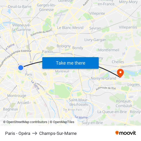 Paris - Opéra to Champs-Sur-Marne map