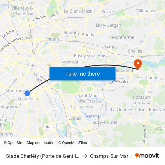 Stade Charléty (Porte de Gentilly) to Champs-Sur-Marne map