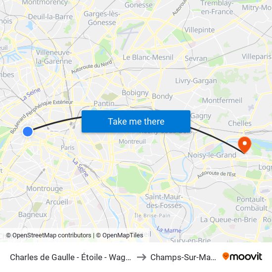 Charles de Gaulle - Étoile - Wagram to Champs-Sur-Marne map
