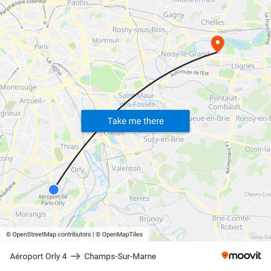 Aéroport Orly 4 to Champs-Sur-Marne map