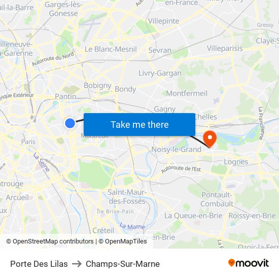 Porte Des Lilas to Champs-Sur-Marne map