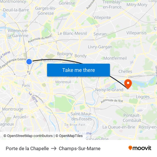 Porte de la Chapelle to Champs-Sur-Marne map
