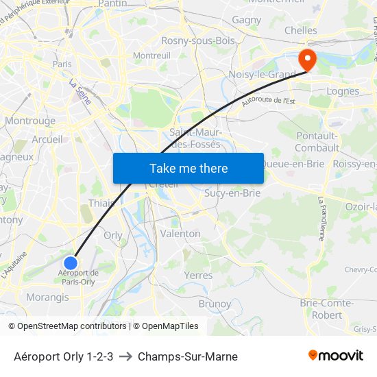 Aéroport Orly 1-2-3 to Champs-Sur-Marne map