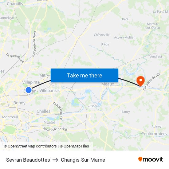 Sevran Beaudottes to Changis-Sur-Marne map