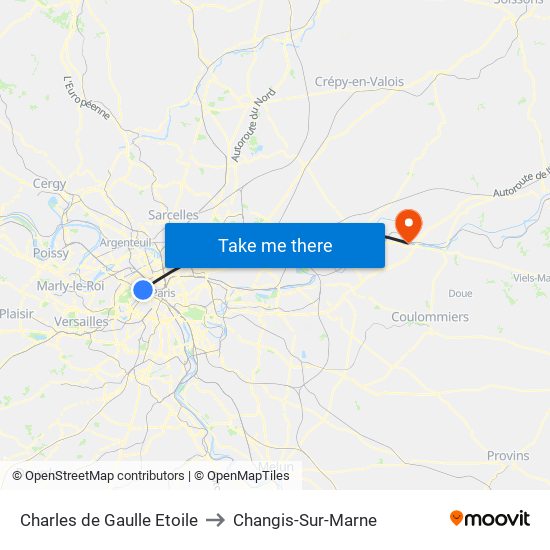 Charles de Gaulle Etoile to Changis-Sur-Marne map
