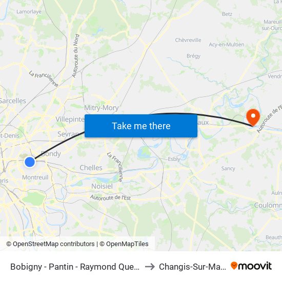 Bobigny - Pantin - Raymond Queneau to Changis-Sur-Marne map