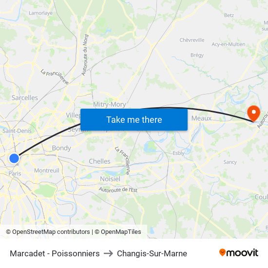 Marcadet - Poissonniers to Changis-Sur-Marne map