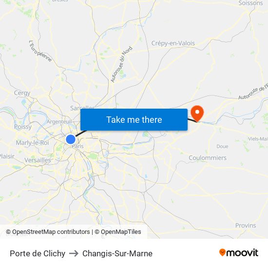 Porte de Clichy to Changis-Sur-Marne map