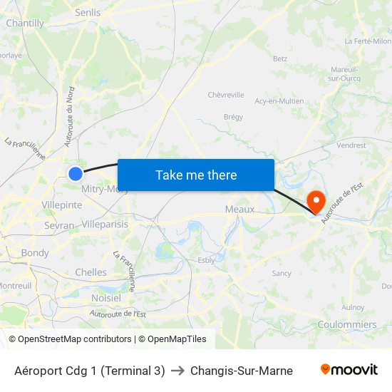 Aéroport Cdg 1 (Terminal 3) to Changis-Sur-Marne map