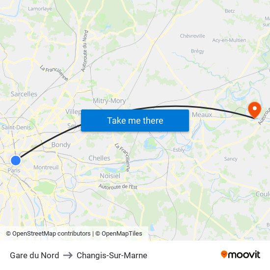 Gare du Nord to Changis-Sur-Marne map