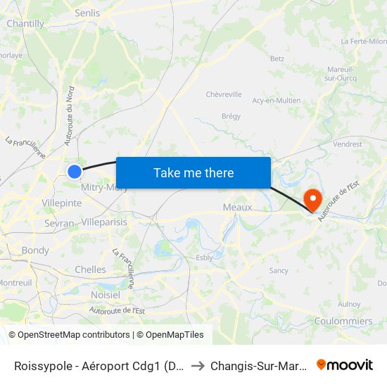 Roissypole - Aéroport Cdg1 (D3) to Changis-Sur-Marne map