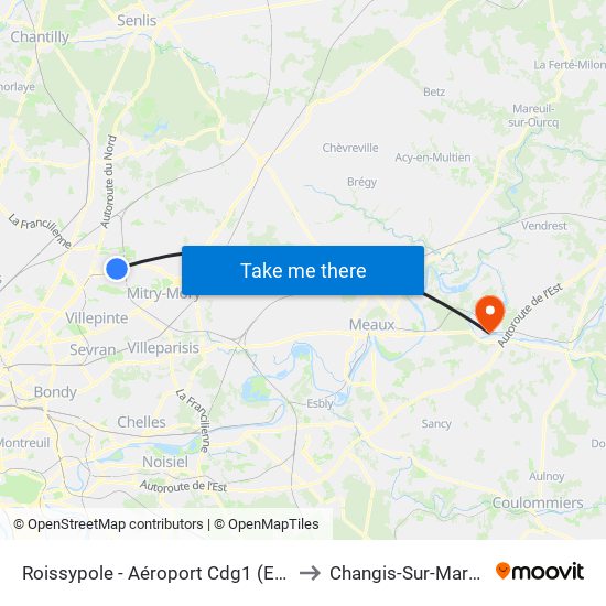 Roissypole - Aéroport Cdg1 (E2) to Changis-Sur-Marne map