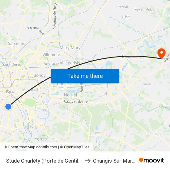 Stade Charléty (Porte de Gentilly) to Changis-Sur-Marne map