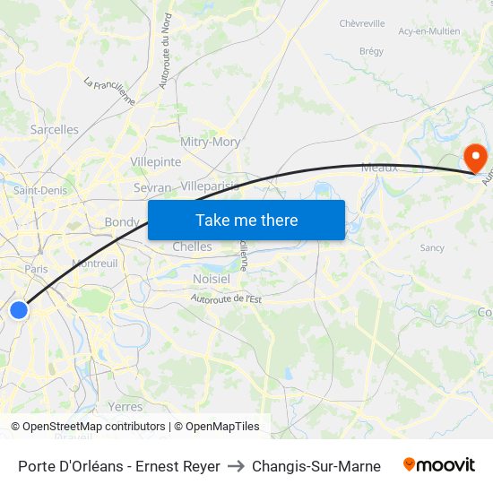 Porte D'Orléans - Ernest Reyer to Changis-Sur-Marne map