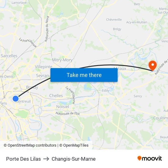 Porte Des Lilas to Changis-Sur-Marne map