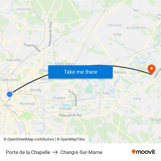 Porte de la Chapelle to Changis-Sur-Marne map